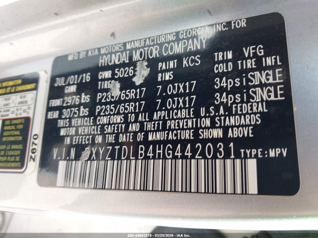 2017 Hyundai Santa Fe Sport 2.4l მანქანა იყიდება აუქციონზე, vin: 5XYZTDLB4HG442031, აუქციონის ნომერი: 44663319