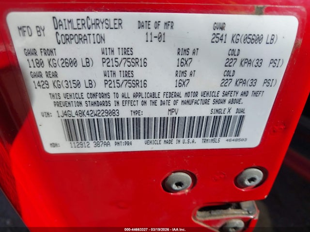 Aukcja sprzedaży 2002 Jeep Liberty Sport, vin: 1J4GL48K42W229083, numer aukcji: 44663327