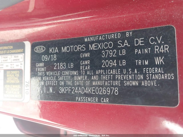 Продажа на аукционе авто 2019 Kia Forte Lxs, vin: 3KPF24AD4KE026978, номер лота: 44663330