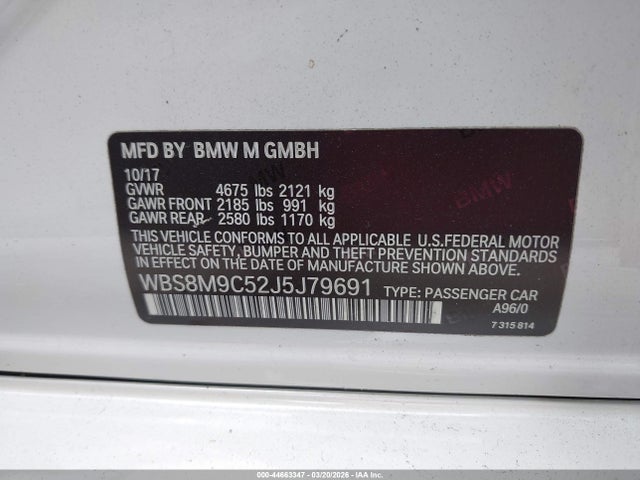 2018 Bmw M3 Cs მანქანა იყიდება აუქციონზე, vin: WBS8M9C52J5J79691, აუქციონის ნომერი: 44663347
