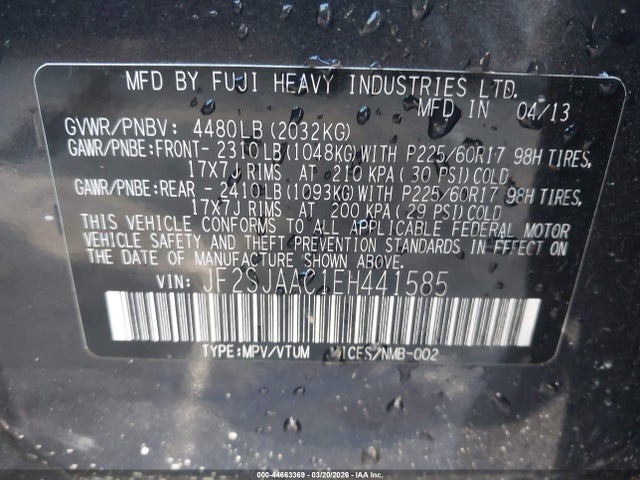 2014 Subaru Forester 2.5i მანქანა იყიდება აუქციონზე, vin: JF2SJAAC1EH441585, აუქციონის ნომერი: 44663369