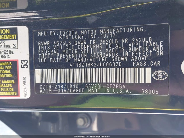 4T1BZ1HK2JU006320 Toyota Camry Xse V6