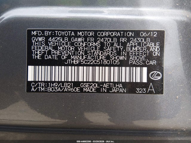 44663390 :رقم المزاد ، JTHBF5C22C5180105 vin ، 2012 Lexus Is 250 مزاد بيع
