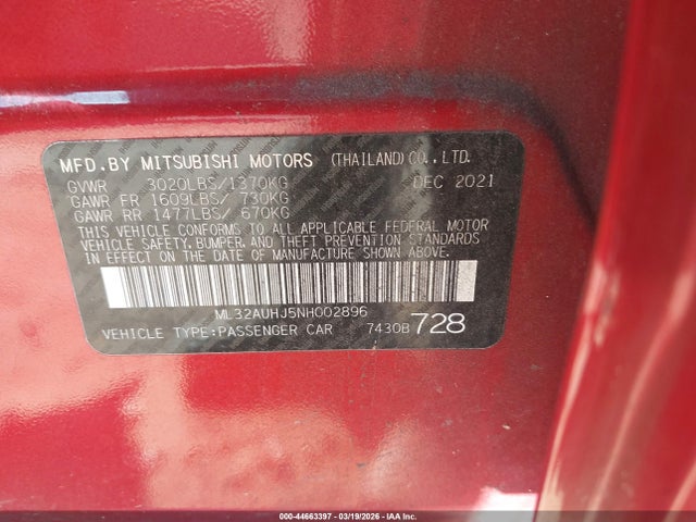 Aukcja sprzedaży 2022 Mitsubishi Mirage Es/le, vin: ML32AUHJ5NH002896, numer aukcji: 44663397