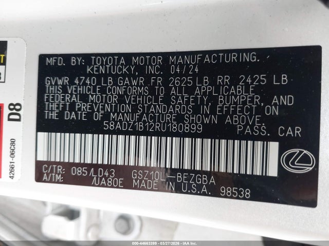 44663399 :رقم المزاد ، 58ADZ1B12RU180899 vin ، 2024 Lexus Es 350 مزاد بيع