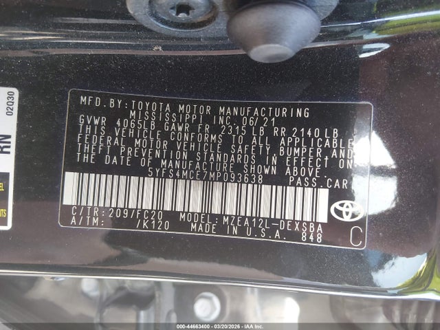 5YFS4MCE7MP093638 Toyota Corolla Se Nightshade Edition