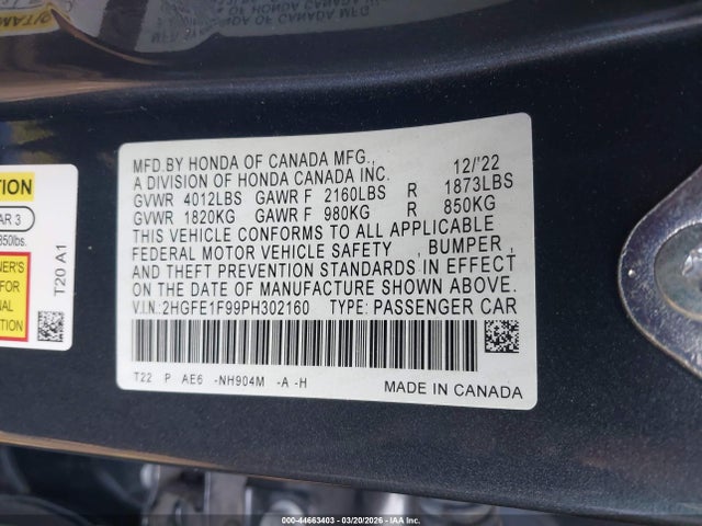 Honda Civic Touring 2023 2HGFE1F99PH302160 Image 9