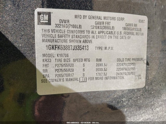 Aukcja sprzedaży 2007 Gmc Yukon Denali, vin: 1GKFK63887J335413, numer aukcji: 44663422