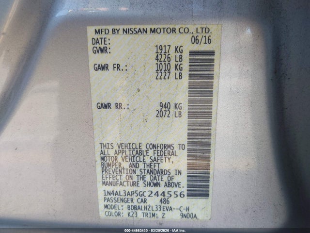 1N4AL3AP5GC244556 Nissan Altima 2.5 Sr