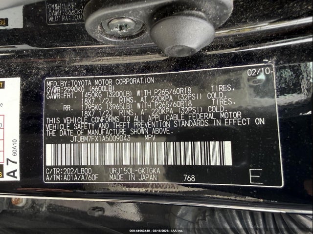 44663440 :رقم المزاد ، JTJBM7FX1A5009043 vin ، 2010 Lexus Gx 460 مزاد بيع