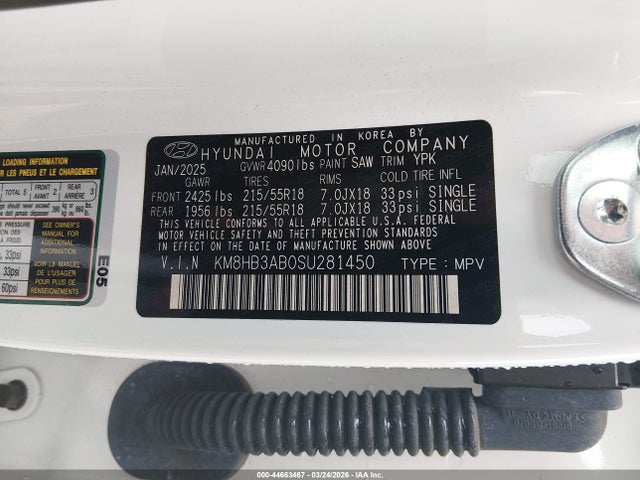 44663467 :رقم المزاد ، KM8HB3AB0SU281450 vin ، 2025 Hyundai Kona Sel مزاد بيع