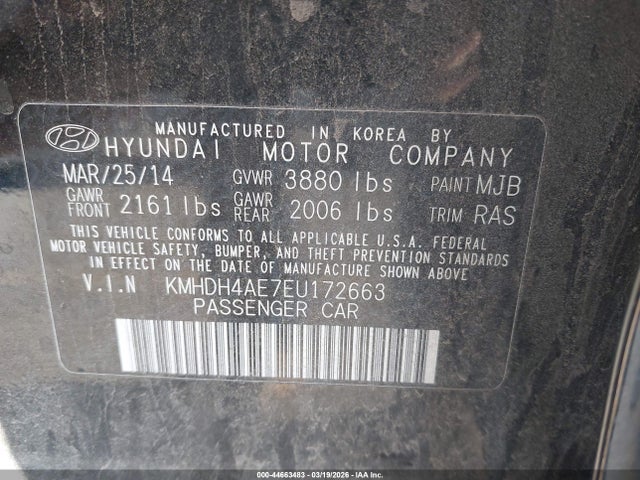 KMHDH4AE7EU172663 Hyundai ELANTRA SE
