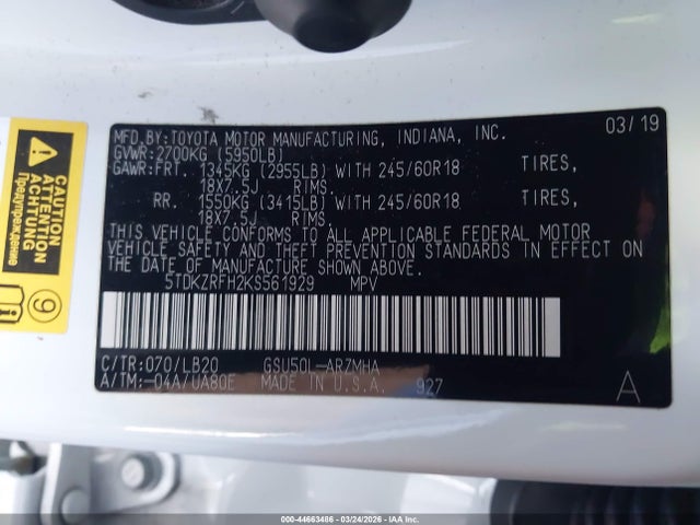 5TDKZRFH2KS561929 Toyota Highlander Xle