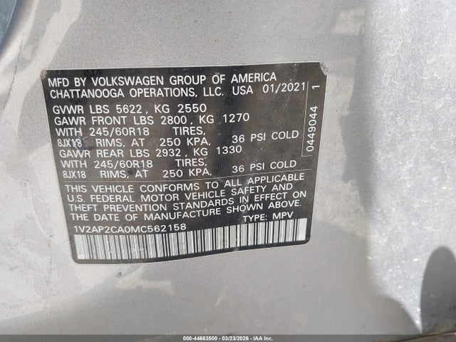 2021 Volkswagen Atlas 2.0t S მანქანა იყიდება აუქციონზე, vin: 1V2AP2CA0MC562158, აუქციონის ნომერი: 44663500