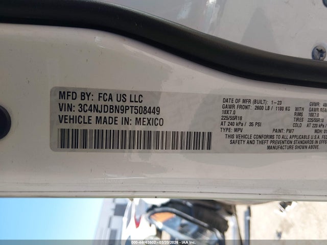 44663502 :رقم المزاد ، 3C4NJDBN9PT508449 vin ، 2023 Jeep Compass Altitude 4x4 مزاد بيع