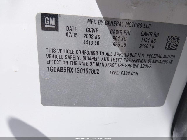 2016 Cadillac Ats Luxury Collection მანქანა იყიდება აუქციონზე, vin: 1G6AB5RX1G0101802, აუქციონის ნომერი: 44663506