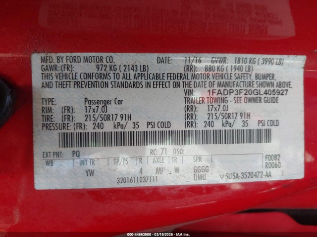 1FADP3F20GL405927 Ford FOCUS SE