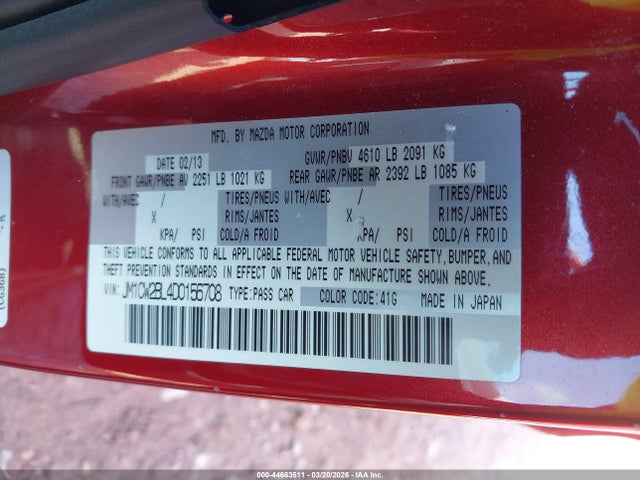 2013 Mazda Mazda5 Sport მანქანა იყიდება აუქციონზე, vin: JM1CW2BL4D0156708, აუქციონის ნომერი: 44663511