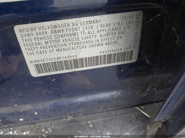 Продаж на аукціоні авто 2006 Volkswagen Passat 2.0t, vin: WVWAK73C56P143863, номер лоту: 44663515