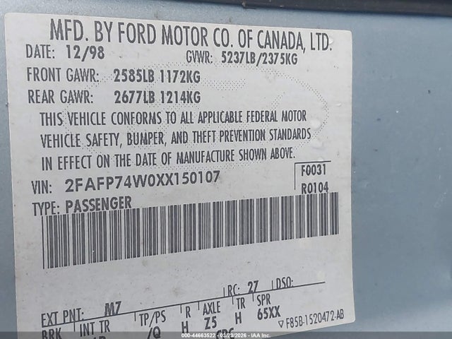 1999 FORD CROWN VICTORIA 2FAFP74W0XX150107 Photo 8