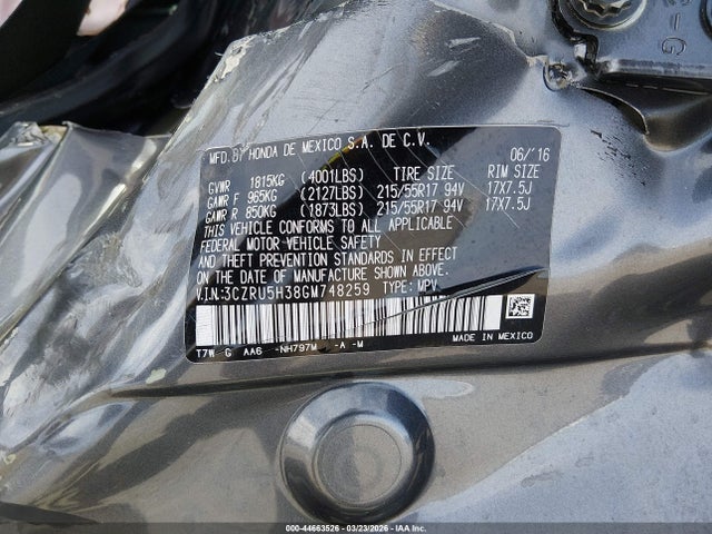 Aukcja sprzedaży 2016 Honda Hr-v Lx, vin: 3CZRU5H38GM748259, numer aukcji: 44663526
