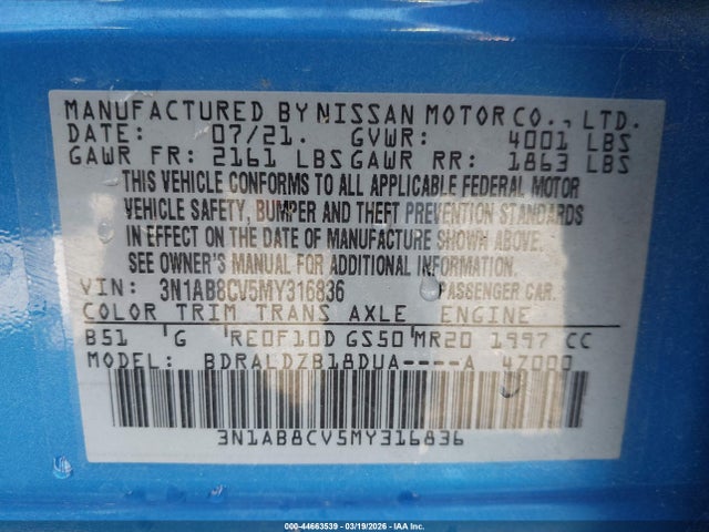 3N1AB8CV5MY316836 Nissan Sentra Sv Xtronic Cvt