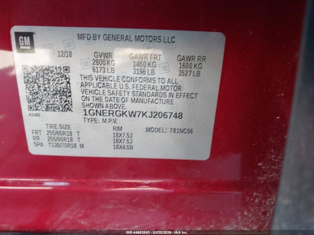 44663543 :رقم المزاد ، 1GNERGKW7KJ206748 vin ، 2019 Chevrolet Traverse 1lt مزاد بيع
