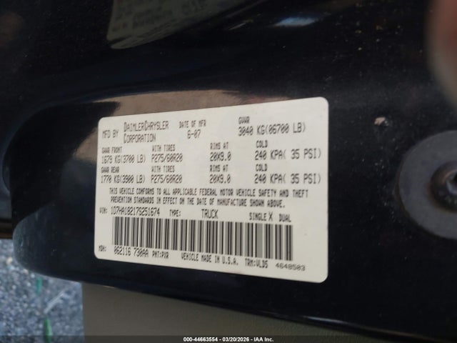 Продажа на аукционе авто 2007 Dodge Ram 1500 Laramie, vin: 1D7HA18217S251674, номер лота: 44663554