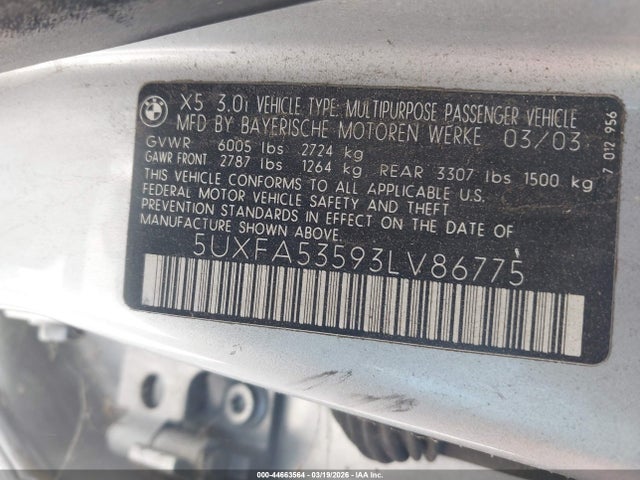 2003 Bmw X5 3.0i მანქანა იყიდება აუქციონზე, vin: 5UXFA53593LV86775, აუქციონის ნომერი: 44663564