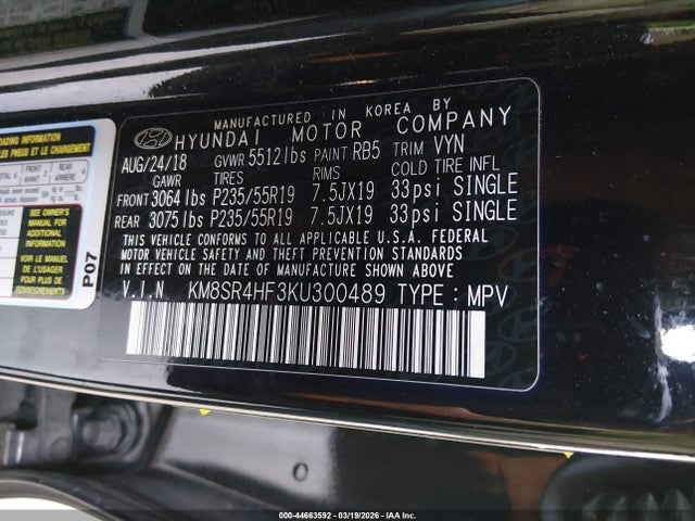 Продажа на аукционе авто 2019 Hyundai Santa Fe Xl Limited Ultimate, vin: KM8SR4HF3KU300489, номер лота: 44663592