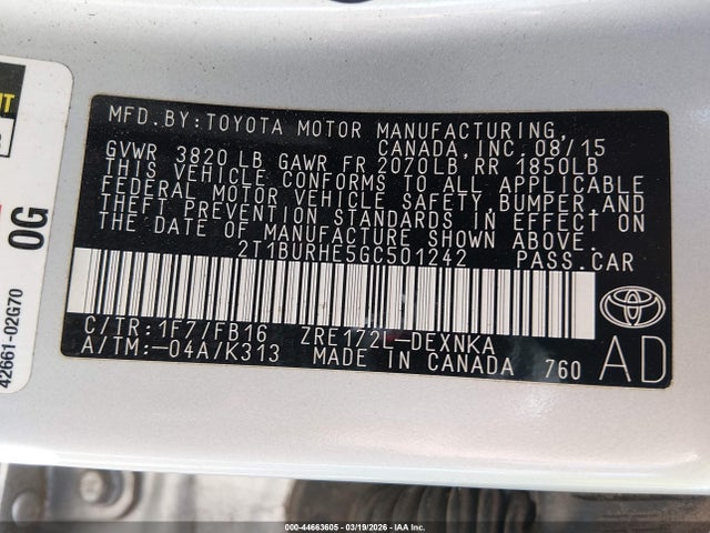 2T1BURHE5GC501242 Toyota COROLLA LE