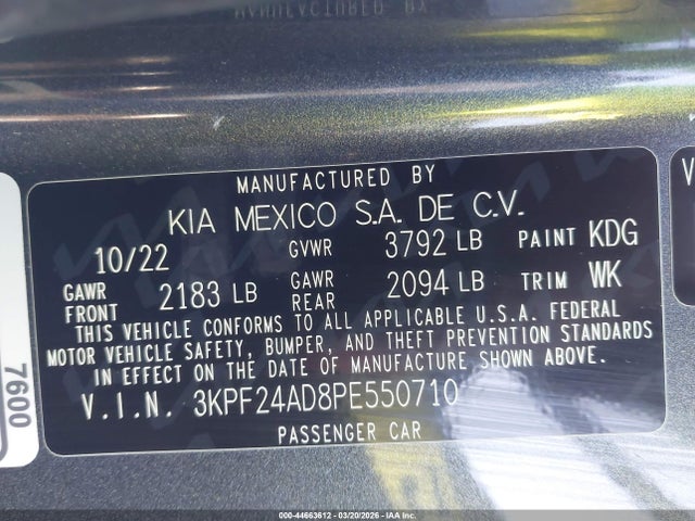 Продажа на аукционе авто 2023 Kia Forte Lx, vin: 3KPF24AD8PE550710, номер лота: 44663612
