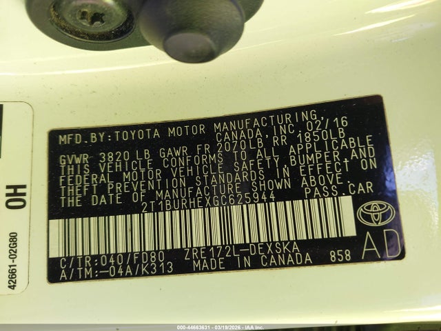 Aukcja sprzedaży 2016 Toyota Corolla S Plus, vin: 2T1BURHEXGC625944, numer aukcji: 44663631