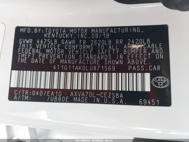 4T1G11AK0LU871569 Toyota CAMRY SE