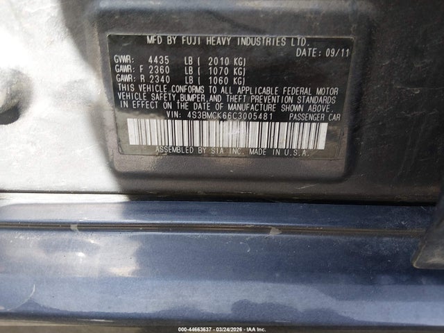 44663637 :رقم المزاد ، 4S3BMCK66C3005481 vin ، 2012 Subaru Legacy 2.5i Limited مزاد بيع
