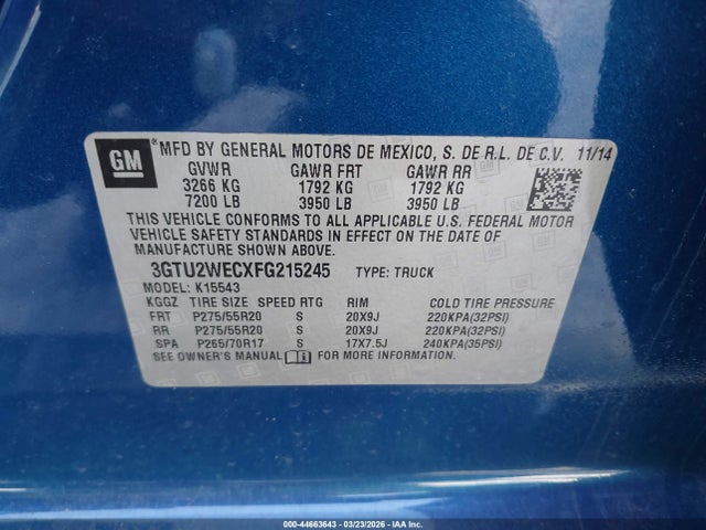 44663643 :رقم المزاد ، 3GTU2WECXFG215245 vin ، 2015 Gmc Sierra 1500 Denali مزاد بيع