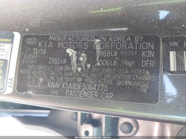 2015 Kia Forte Ex მანქანა იყიდება აუქციონზე, vin: KNAFX5A89F5364773, აუქციონის ნომერი: 44663644