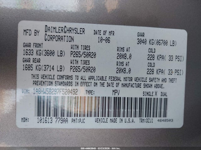 44663649 :رقم المزاد ، 1A8HW58297F520492 vin ، 2007 Chrysler Aspen Limited مزاد بيع