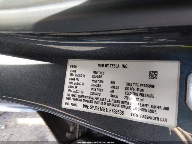 Продаж на аукціоні авто 2020 Tesla Model 3 Long Range Dual Motor All-wheel Drive, vin: 5YJ3E1EB1LF793538, номер лоту: 44663650