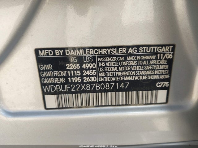 Aukcja sprzedaży 2007 Mercedes-benz E 320 Bluetec, vin: WDBUF22X87B087147, numer aukcji: 44663652