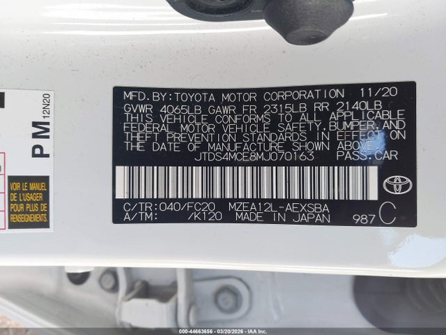 JTDS4MCE8MJ070163 Toyota COROLLA SE