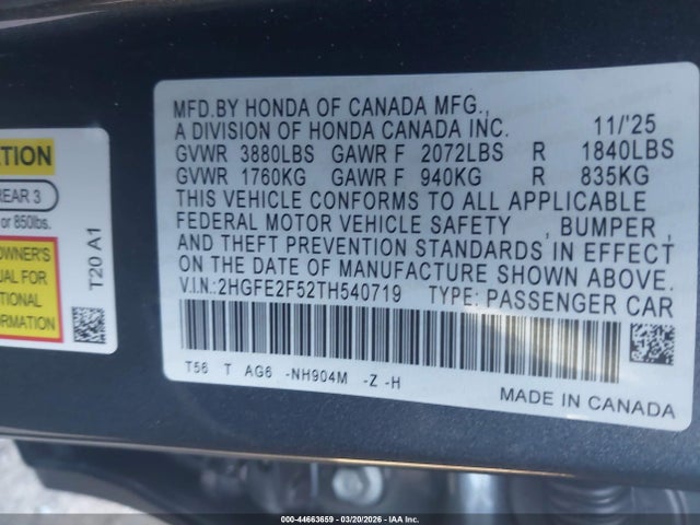 Honda Civic Sport 2026 2HGFE2F52TH540719 Image 9