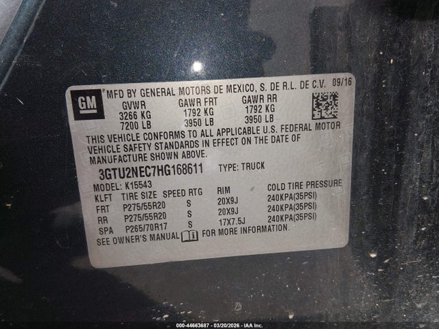Auction sale of the 2017 Gmc Sierra 1500 Slt, vin: 3GTU2NEC7HG168611, lot number: 44663687
