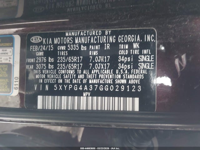5XYPG4A37GG029123 KIA Sorento 2.4l Lx