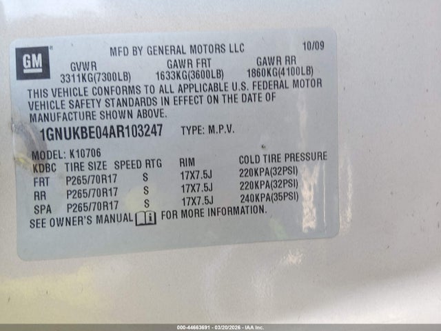 Aukcja sprzedaży 2010 Chevrolet Tahoe Lt, vin: 1GNUKBE04AR103247, numer aukcji: 44663691