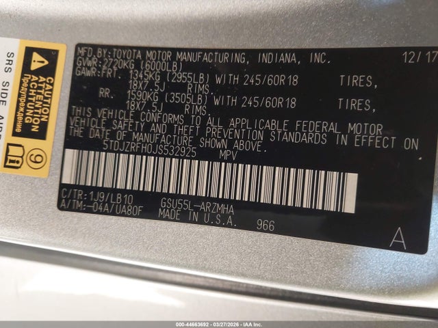 Toyota Highlander Xle 2018 5TDJZRFH0JS532925 Image 9