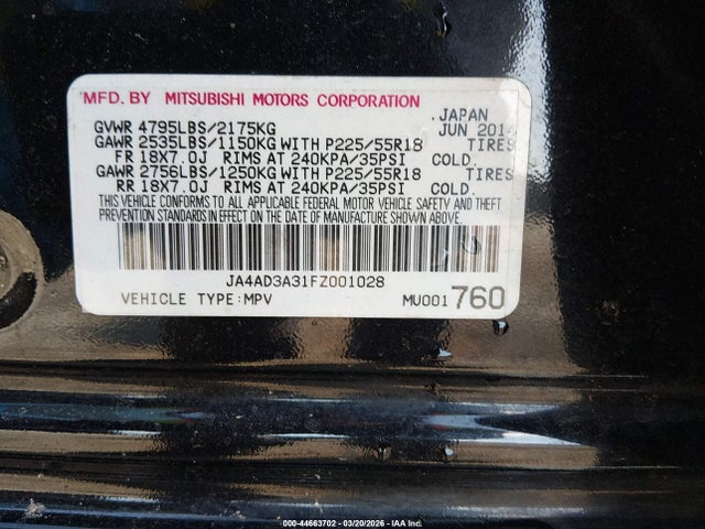 2015 Mitsubishi Outlander Se მანქანა იყიდება აუქციონზე, vin: JA4AD3A31FZ001028, აუქციონის ნომერი: 44663702