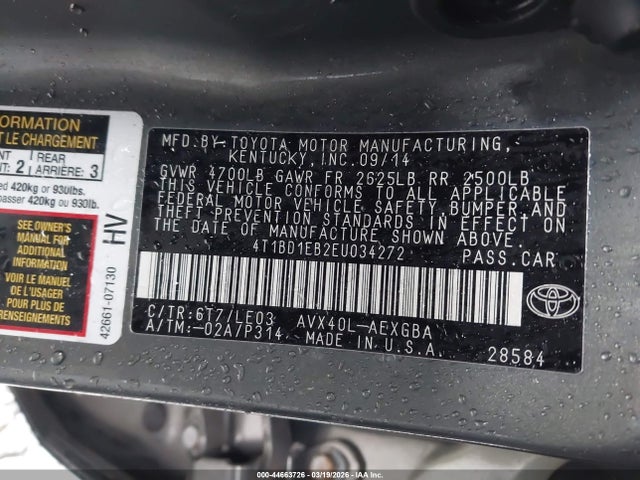 44663726 :رقم المزاد ، 4T1BD1EB2EU034272 vin ، 2014 Toyota Avalon Hybrid Xle Touring مزاد بيع