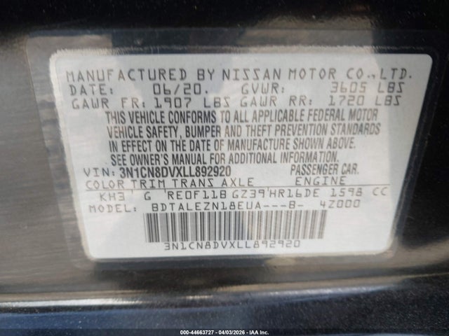 Nissan Versa S Xtronic Cvt 2020 3N1CN8DVXLL892920 Image 9