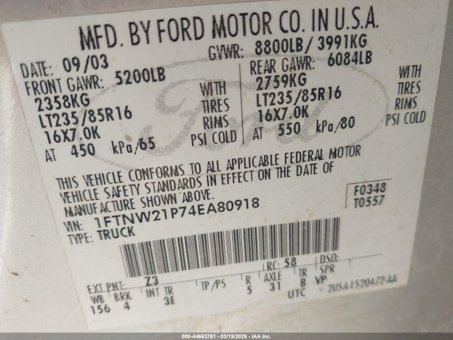 44663761 :رقم المزاد ، 1FTNW21P74EA80918 vin ، 2004 Ford F-250 Lariat/xl/xlt مزاد بيع